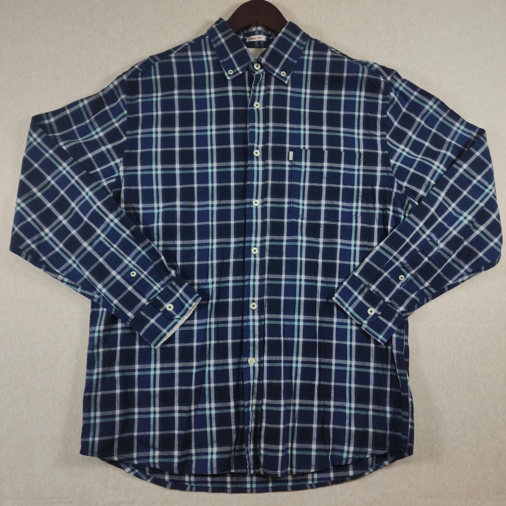 Aigle NWT Mens Plaid Button Down Large Organic Cotton Navy Blue Long Sleeve